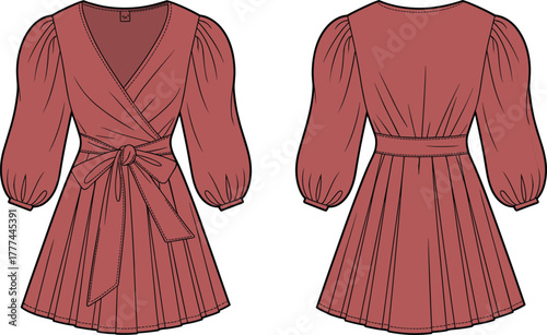 short pleated dress, wrap bodice design, puffed sleeve garment, sash belt fashion, V-neckline sketch, front back view, elegant silhouette