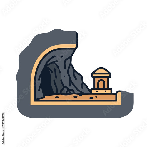 Geological cross section of a mountain cave and an ancient tomb.