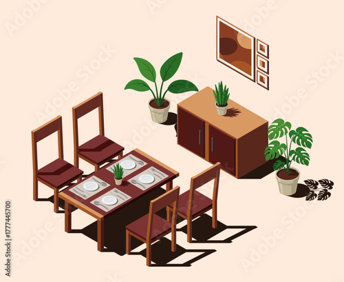 Isometric dining room. Dining room interior. Table, chairs and other furniture. Isometric home furniture. Isometric home room
