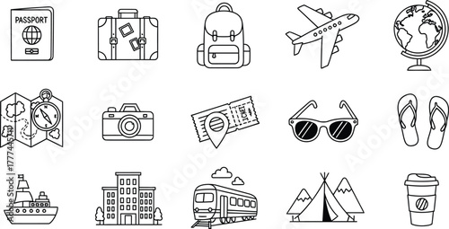 Travel Line Icon Set, Passport, Map, Airplane, Train, Globe, Camera on Transparent BG