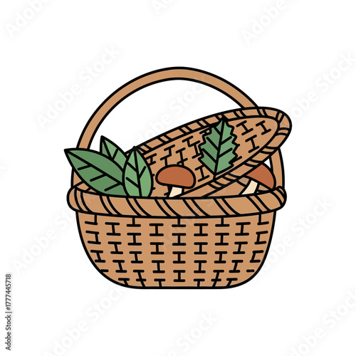 Hand drawn wicker basket full of fresh forest mushrooms and leaves.
