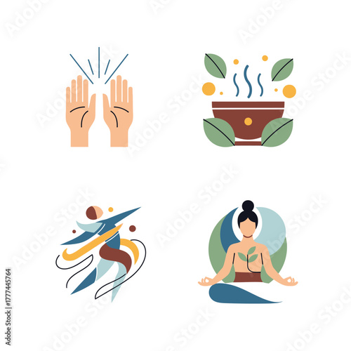 Collection of Wellness and Mindfulness Flat Vector Icons.