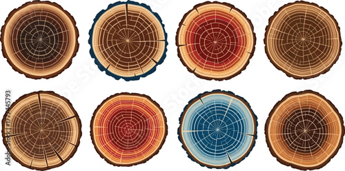 Tree Rings Set Colorful, Illustrated CrossSections with Annual Rings on White