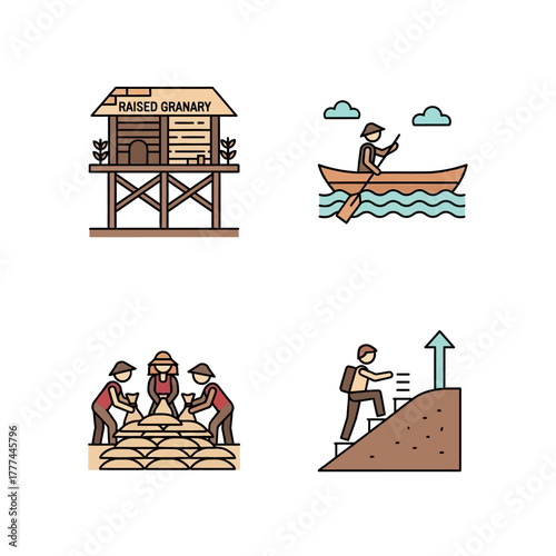 Colored Line Icons of Farming Boating and Personal Achievement.