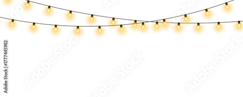 Realistic warm glowing string lights or christmas fairy light overlay with soft warm white illumination for wedding festive event celebration and home decoration on transparent background
