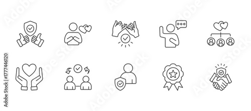 Trust thin line icon set. Containing reliable, sincerity, commitment, swear, relationship, loyalty, reciprocity, integrity, trusted. Vector illustration