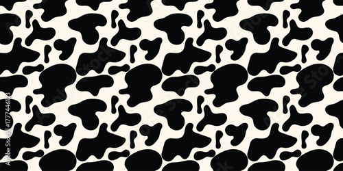 Bold seamless cow print pattern with irregular black spots on white background, ideal for fashion, textiles, packaging, and modern graphic design. vector illustration