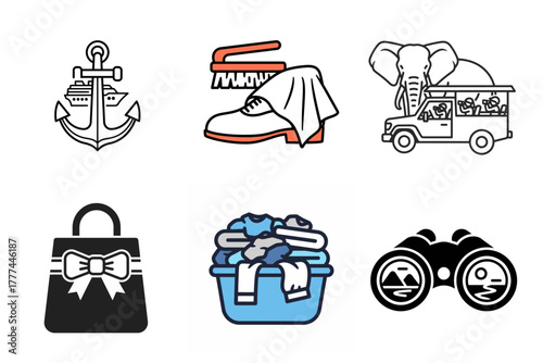 Travel, Lifestyle, Leisure & Household Icons Set: Cruise, Safari, Shopping, Laundry & Binoculars Symbols