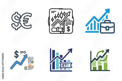 Finance and Investment Icons Set - Stock Market, IPO, ETF, Currency, Business Growth Vector Illustrations