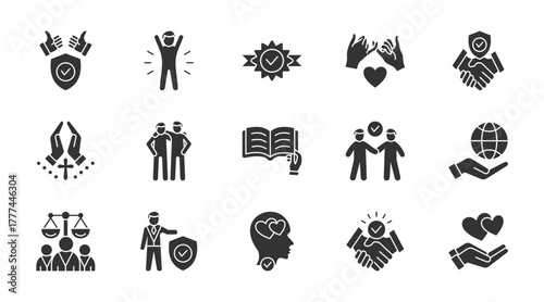 Trust thin glyph icon set. Containing confidence, credibility, promise, trustworthy, faith, friends, truth, relience, responsibility, rthics. Vector illustration