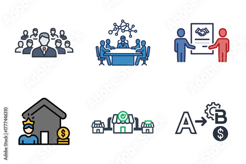 Business and Management Vector Icons Set: Teamwork, Meeting, Partnership, Ownership, Franchise, and Process Optimization