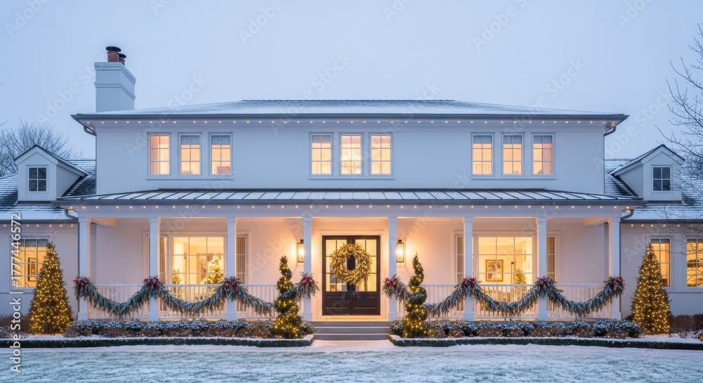 Naklejka premium Elegant snowy christmas house with festive lights and garland decorations