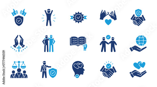 Trust thin flat icon set. Containing confidence, credibility, promise, trustworthy, faith, friends, truth, relience, responsibility, rthics. Vector illustration