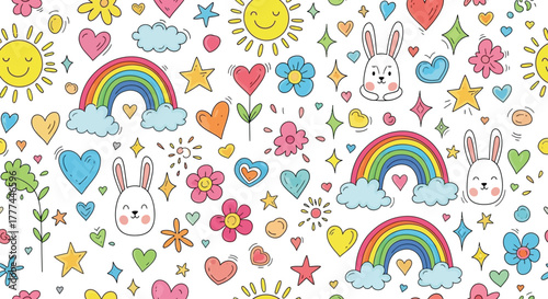 Whimsical Seamless Pattern with Cute Rainbows, Hearts, Flowers, Stars and Rabbits on White