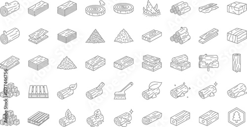 Wood Industry Linear Style Icons Set, Line Art Isolated