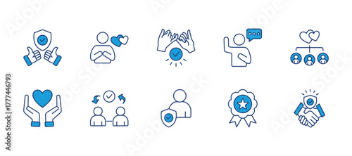 Trust thin blue icon set. Containing reliable, sincerity, commitment, swear, relationship, loyalty, reciprocity, integrity, trusted. Vector illustration