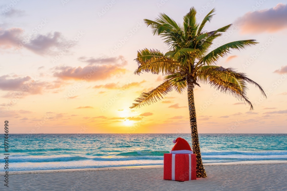 Fototapeta premium Christmas gift box with santa hat and palm tree decorated with lights on a tropical beach at sunset with ocean waves and colorful sky