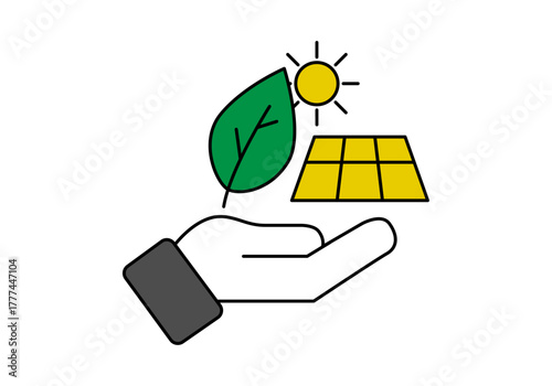 Mano sosteniendo panel solar y hoja por la energía solar y renovable 