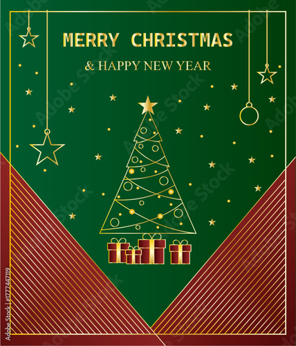 Felicitación de navidad moderna con árbol de navidad, ornamentación navideña dorada en fondo verde y rojo