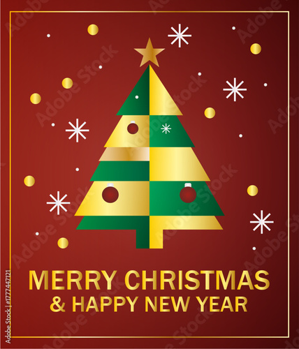 Felicitación de navidad elegante con árbol de navidad moderno dorado y verde en degradado rojo