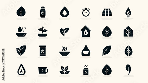 Minimalist nature and organic icons set. Eco-friendly, health, and wellness black silhouette vector symbols for sustainable living.