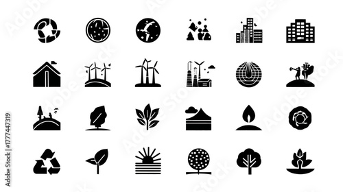 Ecology and Environment Icon Set. Sustainability, Green Energy, Nature, City, Recycling, and Industry Silhouette Vector Collection.