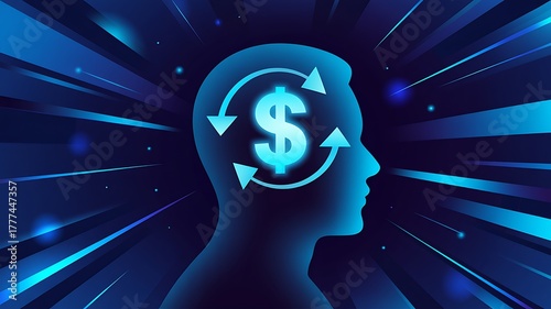 Dollar coin money Currency on human head Abstract technology background .financial, future, global, rich, signs, tech, transfer, wealth, commerce, finance, foreign, investment, banking, 