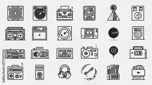 Set of minimalist black and white line art vector icons featuring vintage and modern audio music sound equipment devices and gadgets