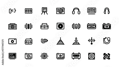 Detailed collection of minimalist line art audio and music technology icons. Vector graphic set for sound equipment, gadgets, and devices.