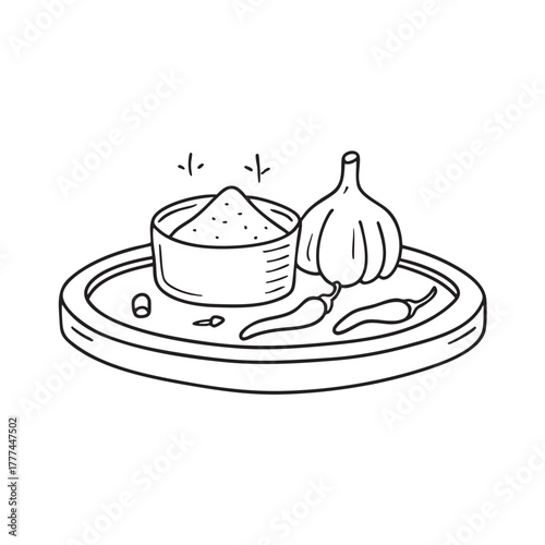 Wooden tray presenting garlic paste alongside chili flakes