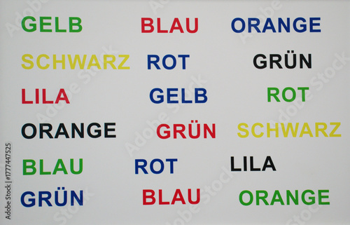 Stroop effect in German, showing color names printed in mismatched ink colors. This classic psychological test demonstrates cognitive interference between reading and color recognition. 