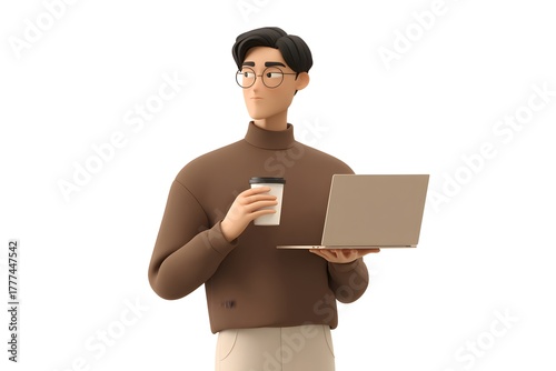 3D Character Working Remotely with Laptop and Coffee