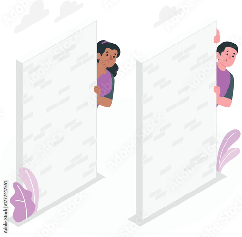 Two people peeking around blank white walls with purple plants hiding curious