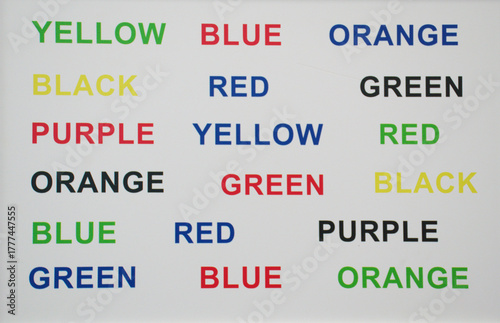 Stroop effect in English, featuring color words printed in mismatched ink colors. This visual illustrates cognitive interference between reading and color recognition. 
