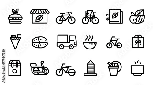 Eco-friendly Food, Green Transport & Sustainable Lifestyle Line Icons Set. Organic Living, Delivery & Healthy Choice Vector Pictograms.