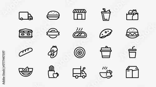 Food Delivery and Restaurant Line Icons Set. Minimalist Black and White Vector Symbols for Bakery, Fast Food, Takeaway, and Cafe.