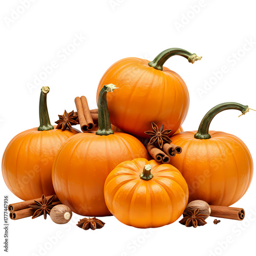 Vibrant autumn harvest of pumpkins, star anise, cinnamon sticks, and nutmeg creating a warm, festive seasonal display