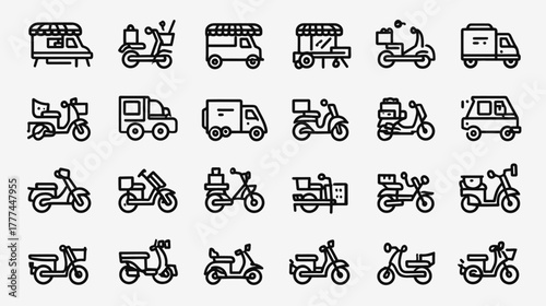 Delivery Service Vehicles Outline Icons Set. Scooters, Motorcycles, and Small Trucks for Food Transport and Logistics Collection.
