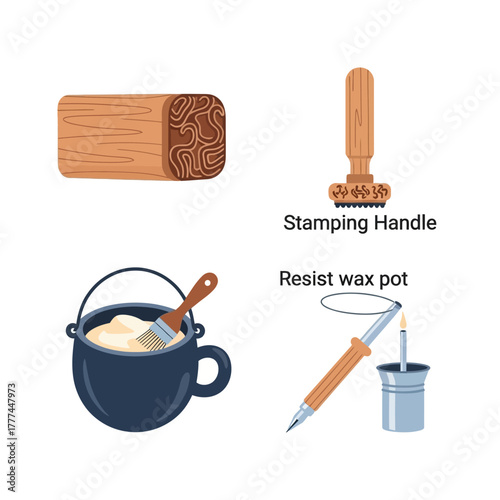 Illustrated set of tools for traditional wax resist dyeing art.