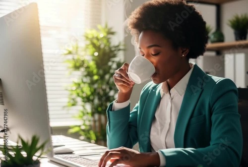Morning Coffee Kickstart: Focused Start to a Productive Workday - A professional woman enjoys her morning coffee at her desk, sunlight streaming in, symbolizing calm focus and motivation.
