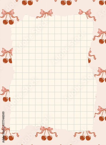 Cherry and bow note template. Graphic collage element with torn paper. Whimsical personal electronic organizer template. Vector element for scrapbooking.