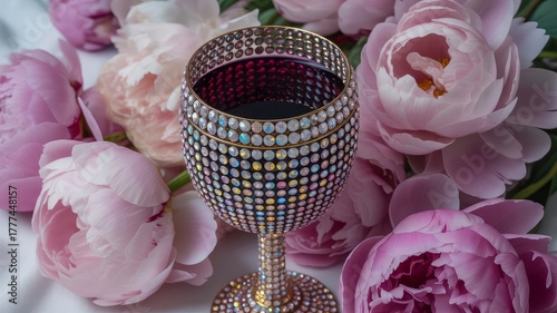 A sparkling, gem-encrusted wine glass brimming
with rich red wine sits against a backdrop of lush, pastel-colored peonies in soft pink and lavender hues