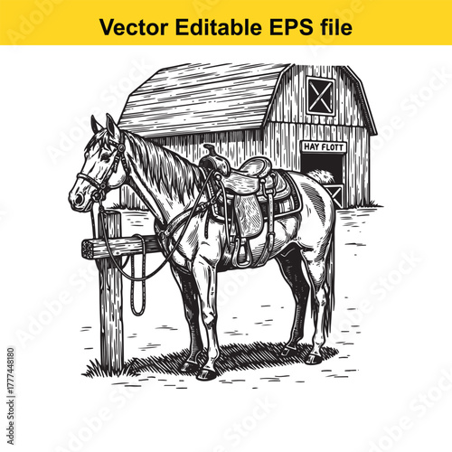 Vintage illustration of a saddled horse tied to a post in front of a barn
