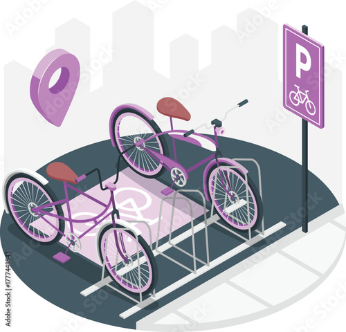 Two purple bicycles parked at an outdoor bike rack with a parking sign bicycle parking urban
