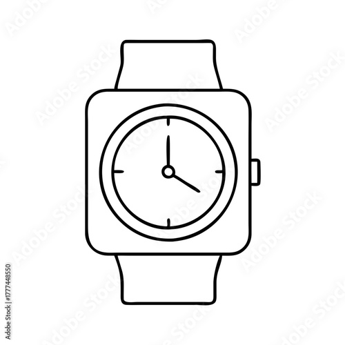 Minimalist black outline drawing of a square digital smartwatch with a round analog watch face, isolated on a, symbolizing technology and timekeeping