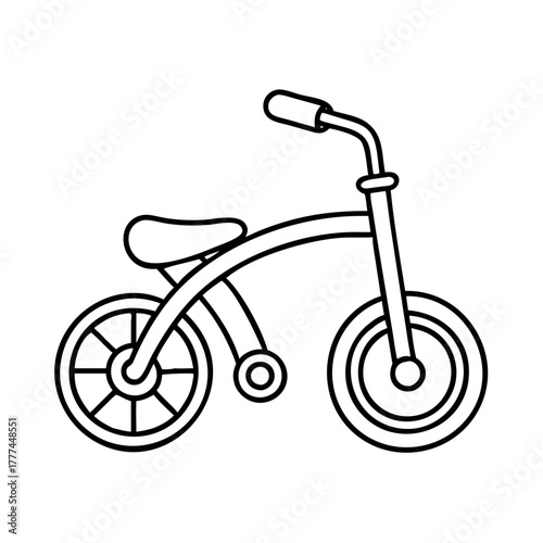 Simple black and white line art illustration of a childs tricycle