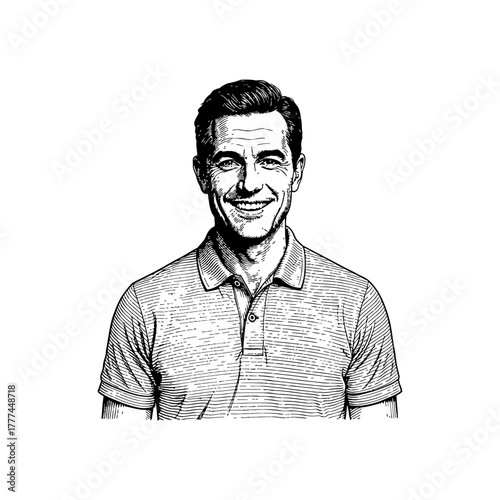 Engraving of a friendly, smiling man in a polo shirt.