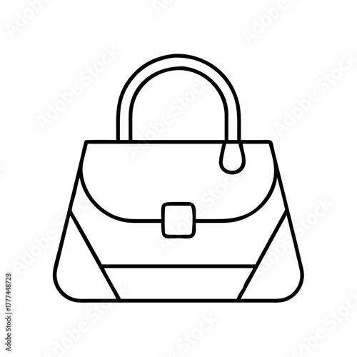 Minimalist line drawing of a structured handbag with a flap closure and curved top handles