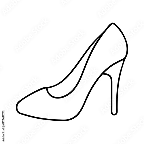 A minimalist black and white line drawing of a classic womens highheeled pump shoe, isolated on a the elegant shoe features a pointed toe and a slender stiletto heel