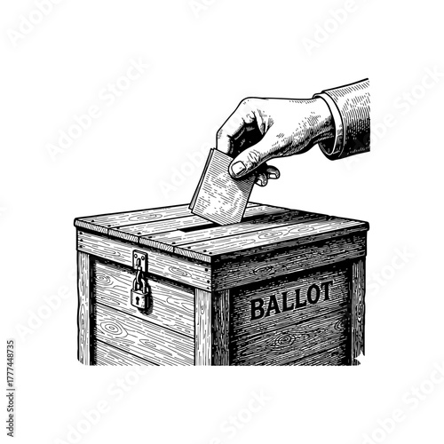 Engraving of a hand casting a vote by dropping a ballot into a wooden box.